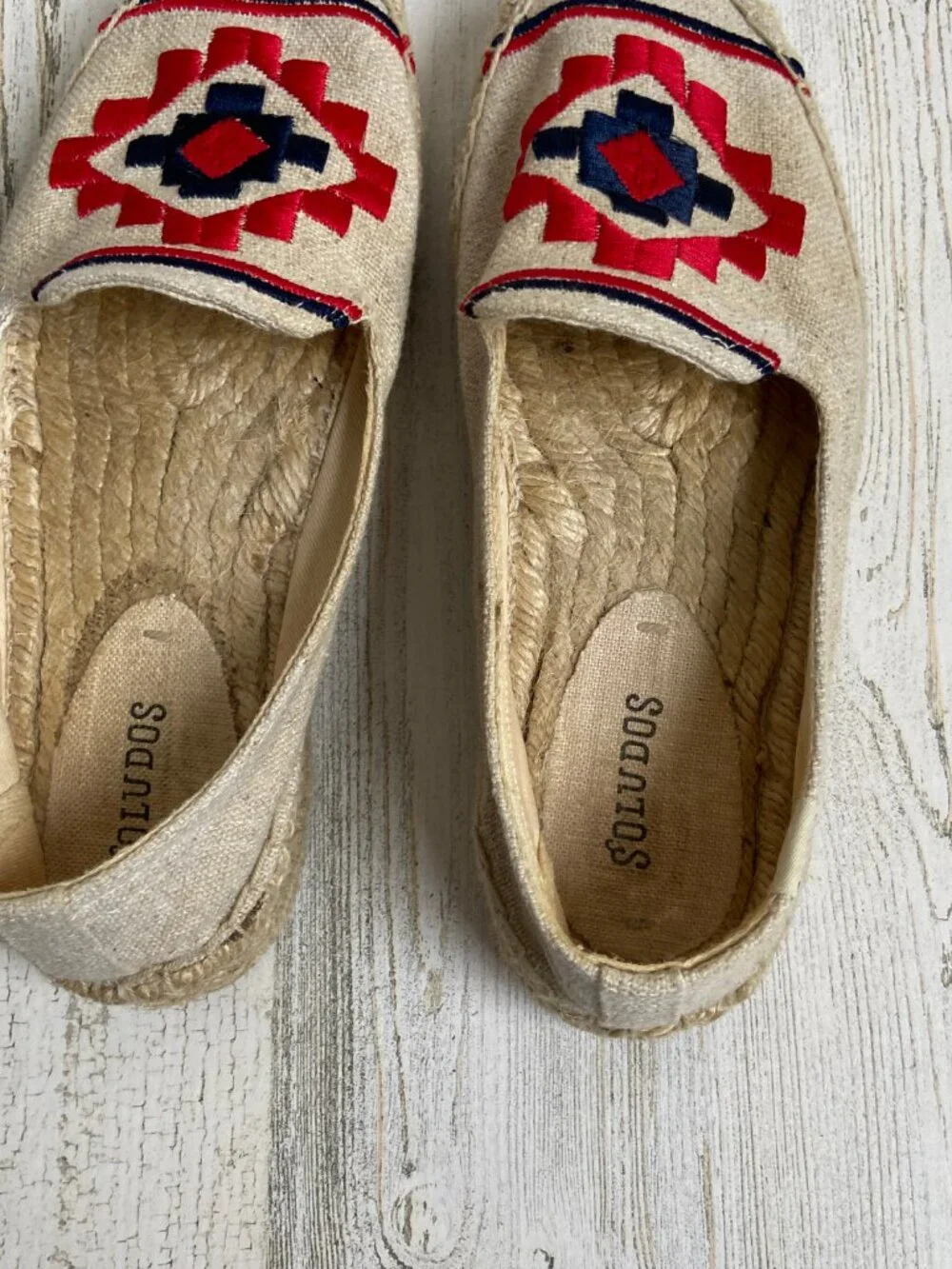 Soludos Size 7.5 Embroidered Espadrille Flats Canvas Slip On Shoes